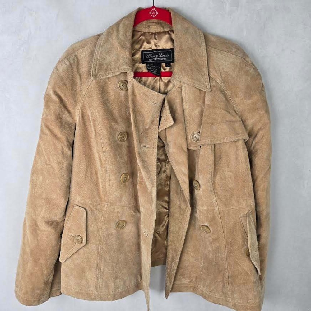 Terry Lewis Vintage Tan Suede Leather Double Breasted Blazer Jacket Women's L‎